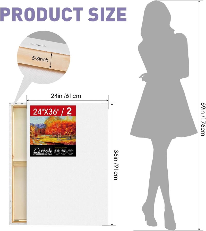 ESRICH Stretched Canvas for Painting 24x36 Inch, 2 Pack Large Canvas for Painting, Primed Acid-Free Cotton Blank Canvases 24x36 Inch, Large Painting Canvas for Oil Paint,Watercolor,Acrylic Paint. - Image 2